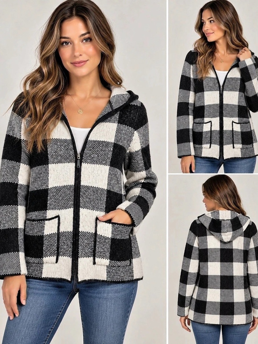 Elisabetta Collection Made in Italy Wool Alpaca Plaid Hooded Zip Cardigan Large